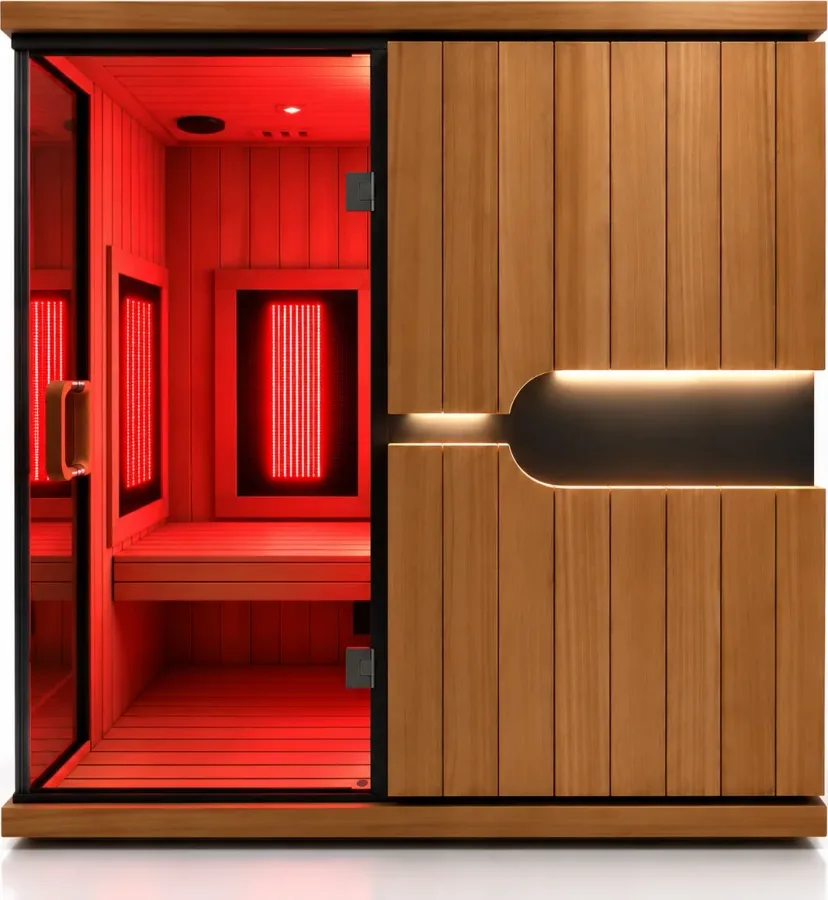 Our Sunlighten mPulse infrared sauna, glowing red inside