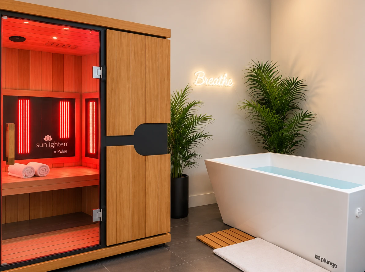 A private contrast room at Biohack Cryo + Wellness, with a Sunlighten infrared sauna and a Plunge cold plunge